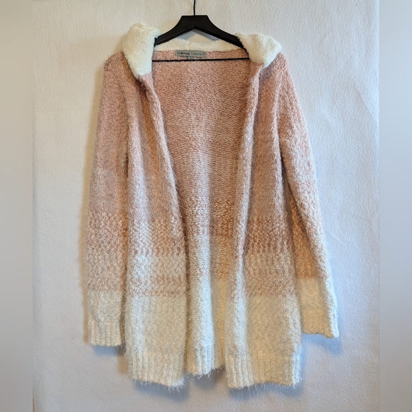 Absolutely Famous Sweaters - Absolutely Famous Pink White Cardigan Fuzzy Sz Large Soft Hoodie Sweater